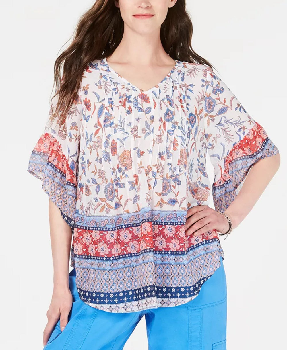 Style & Co Women's Retro Scarf-Print Pintuck-Pleat Top Red Size Small