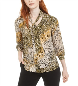 Bar III Women's Printed Tie Neck Top Green Size XX-Small