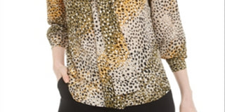 Bar III Women's Printed Tie Neck Top Green Size XX-Small