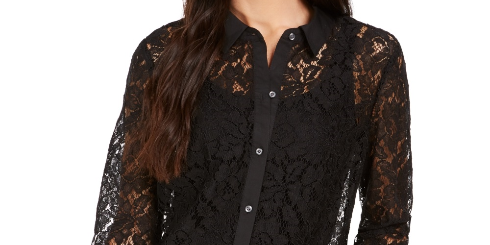 Charter Club Women's Lace Button-Down Top Black Size XX-Large
