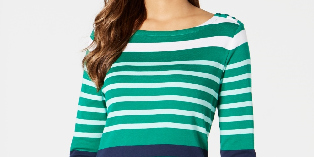 Charter Club Women's Pima Cotton Button-Shoulder Stripe Top Green Size Small