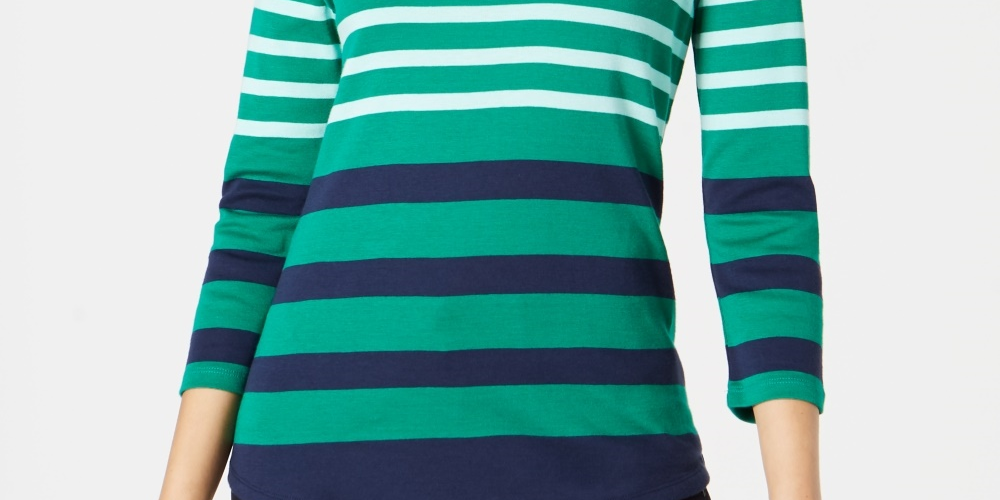 Charter Club Women's Pima Cotton Button-Shoulder Stripe Top Green Size Small