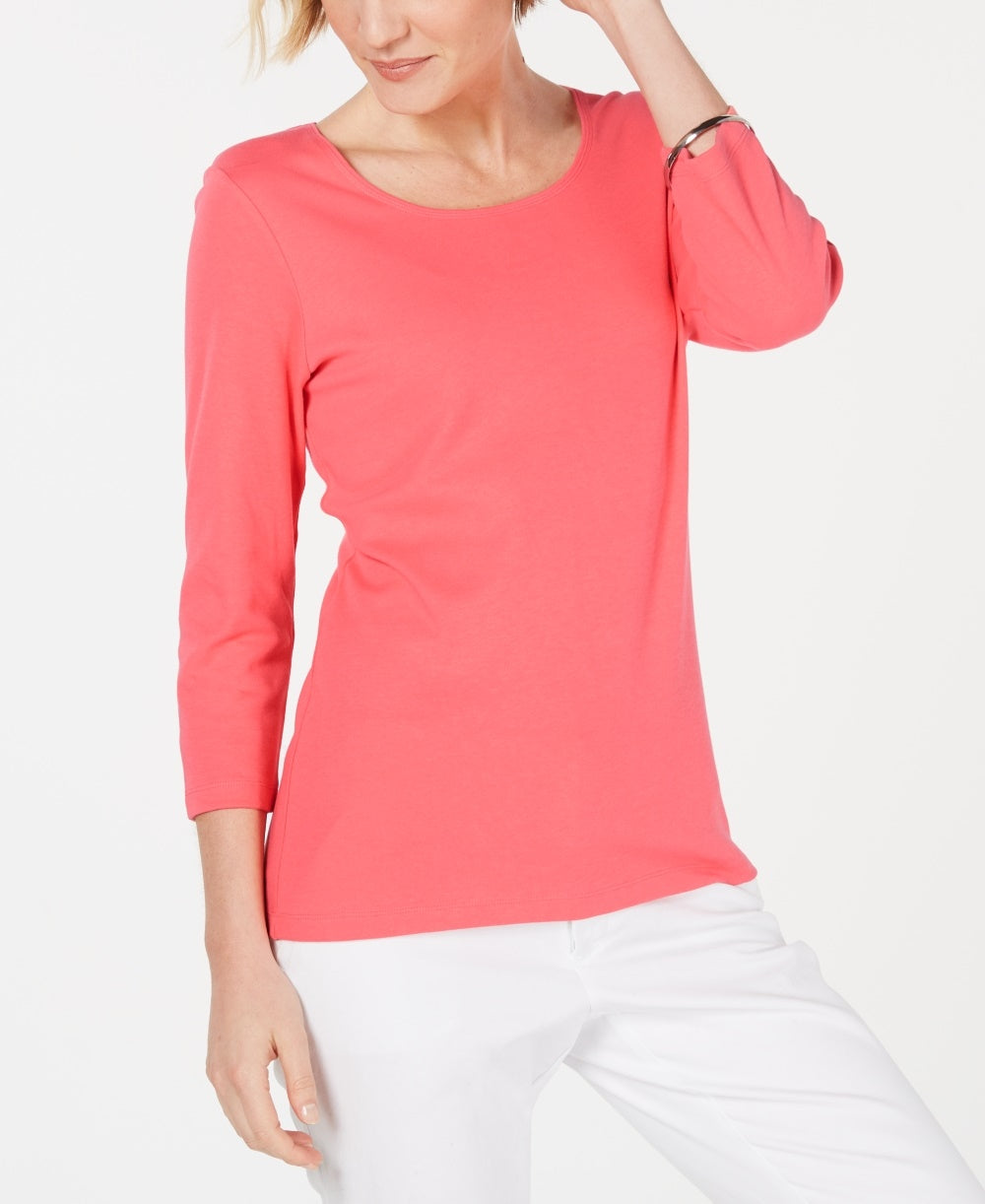 Karen Scott Women's Cotton 3/4-Sleeve Top Orange Size Large