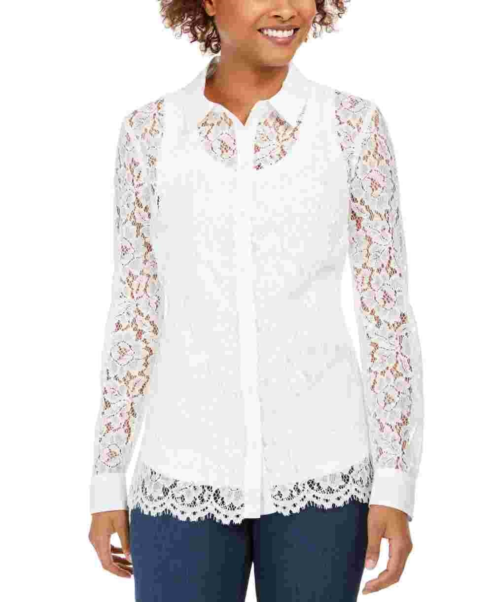 Charter Club Women's Lace Button-Down Top White Size Large