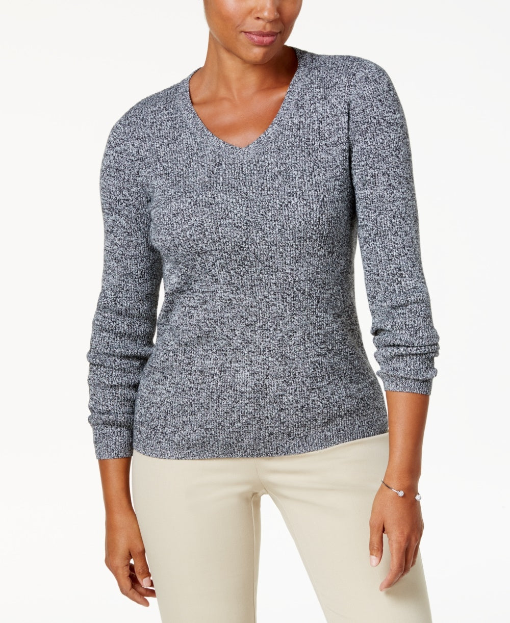 Karen Scott Women's Petite Cotton Ribbed Marled Sweater Natural Size Small