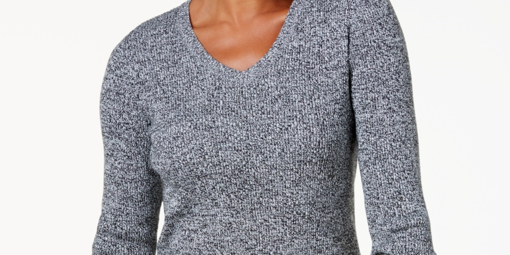 Karen Scott Women's Petite Cotton Ribbed Marled Sweater Natural Size Small