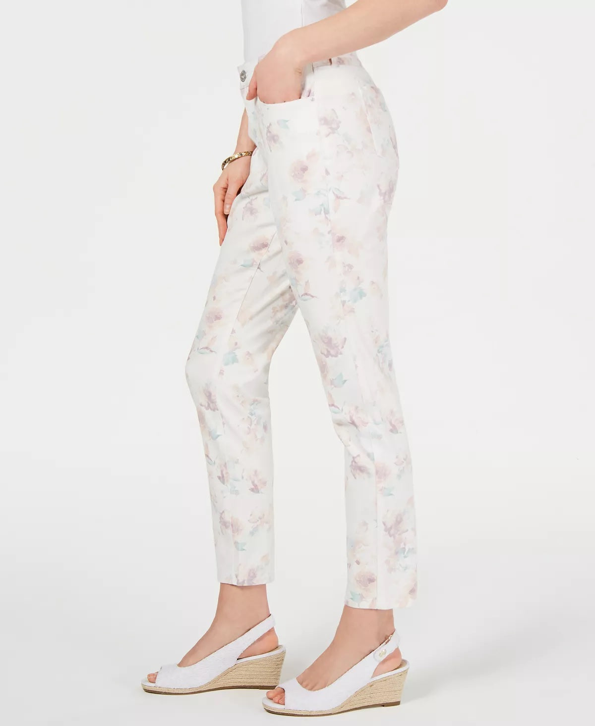 Style & Co Women's Floral Print Skinny Jeans White Size 10