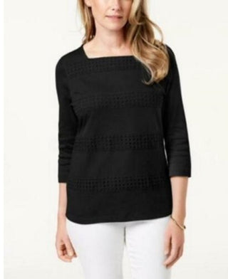 Karen Scott Women's Square Neck Lace Stripe Top Black Size X-Small