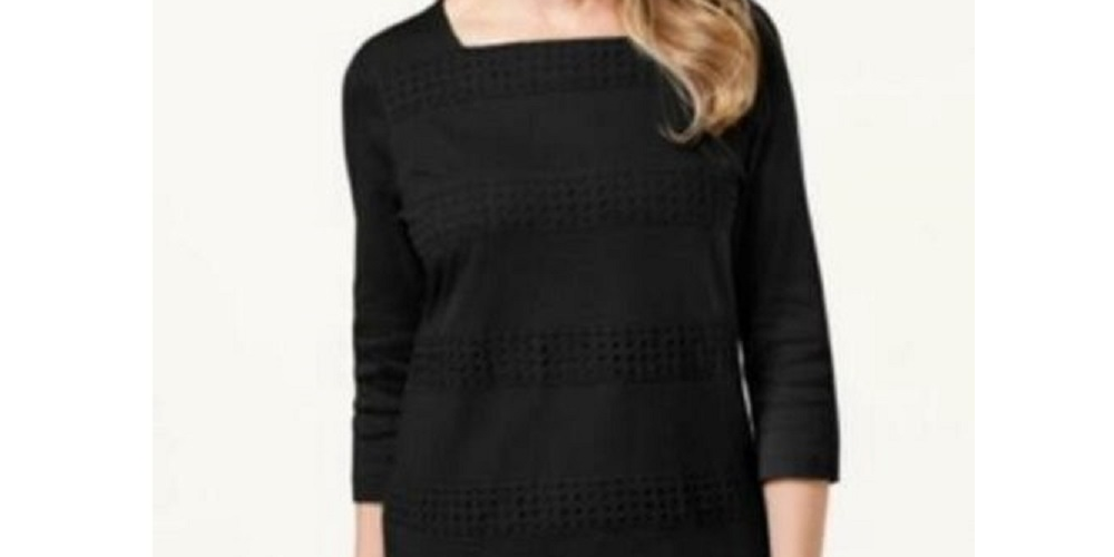 Karen Scott Women's Square Neck Lace Stripe Top Black Size X-Small