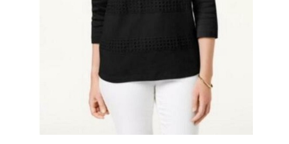 Karen Scott Women's Square Neck Lace Stripe Top Black Size X-Small