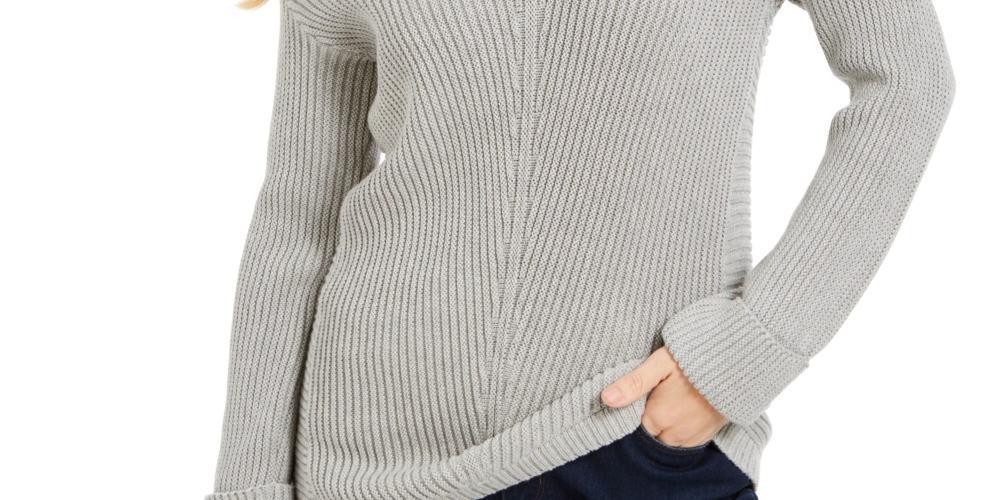 Charter Club Women's Petite Cotton Ribbed Cuffed Sweater Gray Size Small