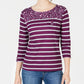 Karen Scott Women's Sport Floral Yoke Striped Top Black Size X-Large