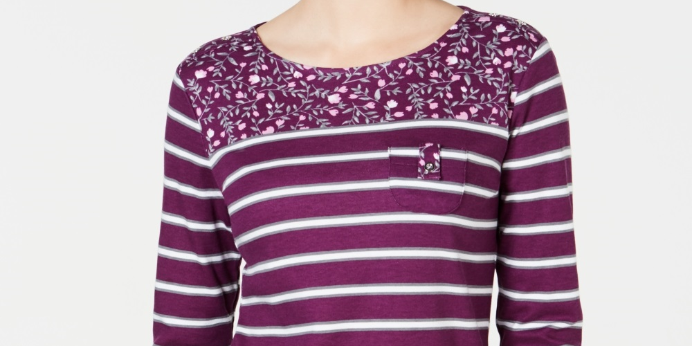 Karen Scott Women's Sport Floral Yoke Striped Top Black Size X-Large