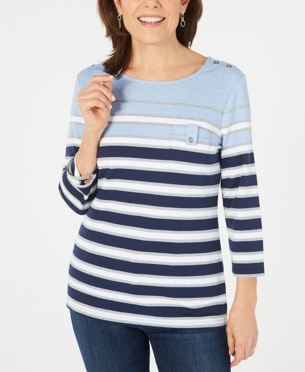 Karen Scott Women's Sport 3/4 Sleeve Striped Top Blue Size X-Small