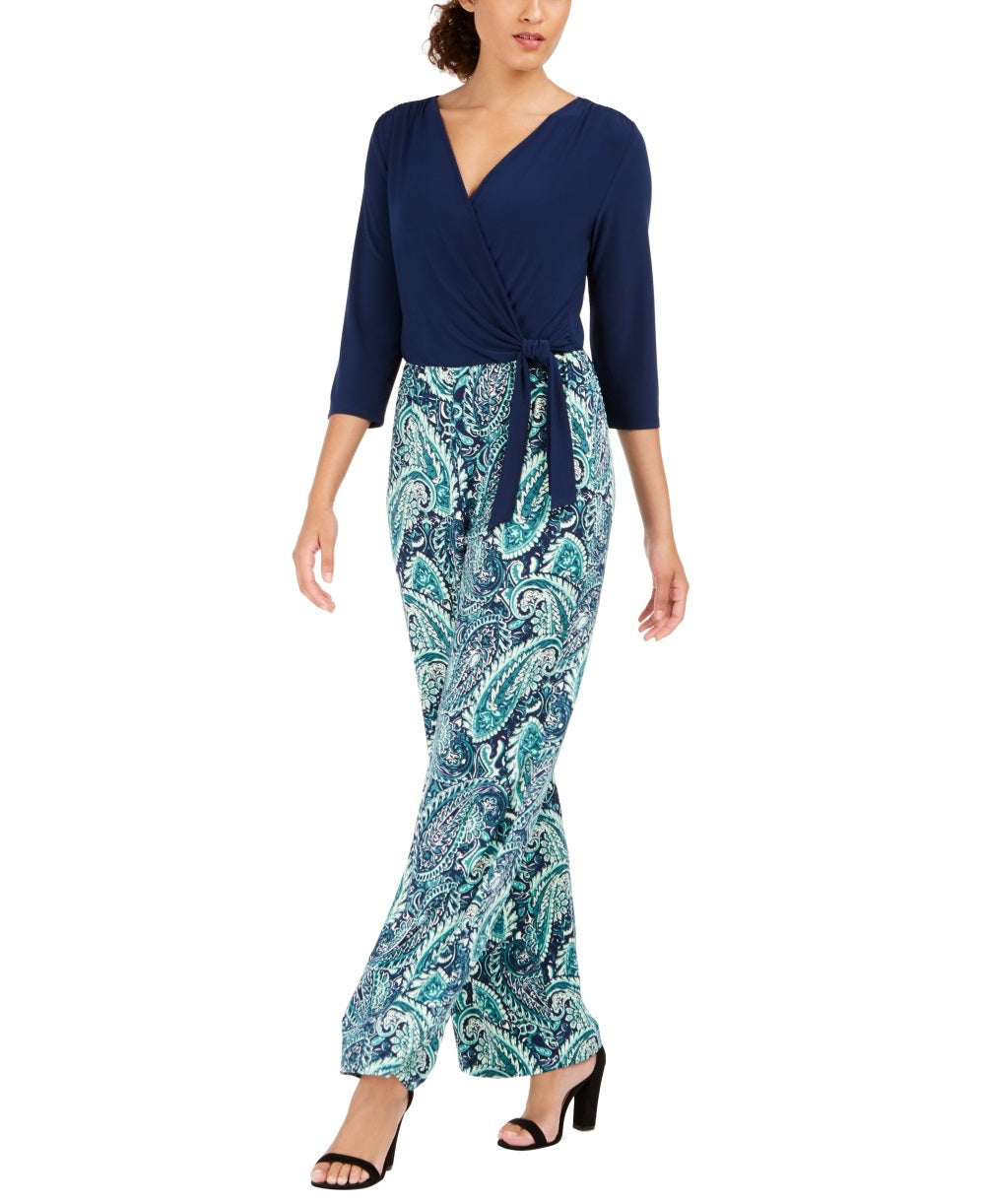 NY Collection Women's Printed Surplice Jumpsuit Green Size Petite Large