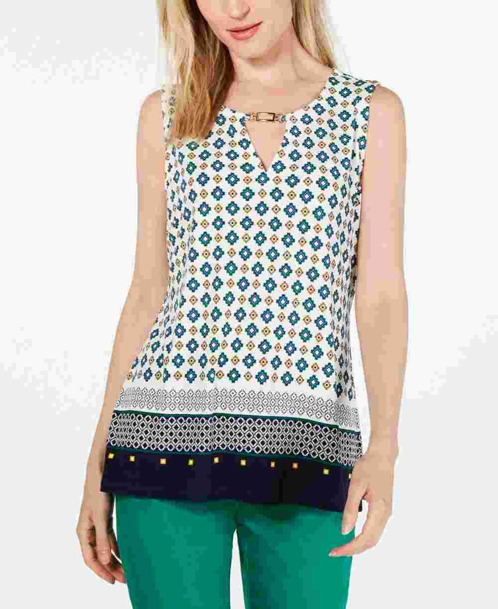 Charter Club Women's Printed Keyhole Neck Top White Size X-Large