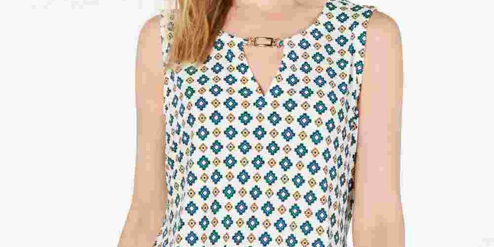 Charter Club Women's Printed Keyhole Neck Top White Size X-Large