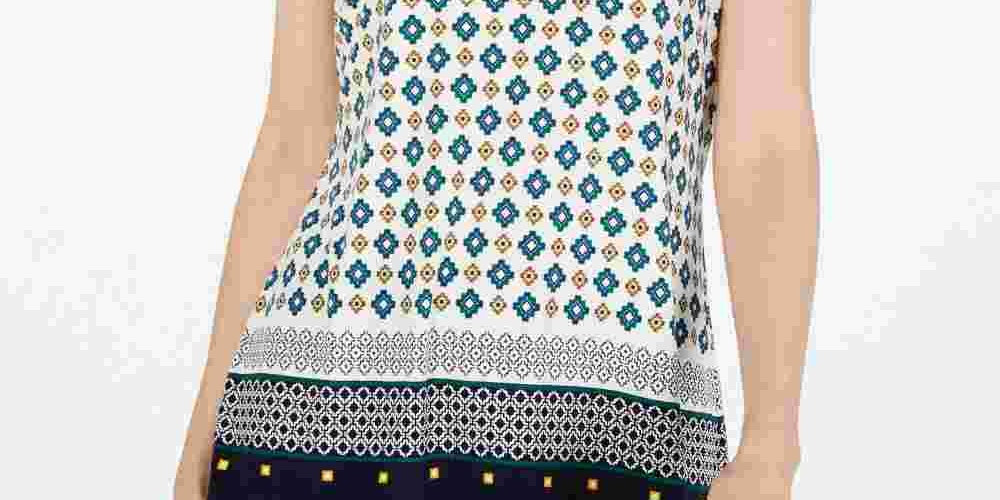 Charter Club Women's Printed Keyhole Neck Top White Size X-Large