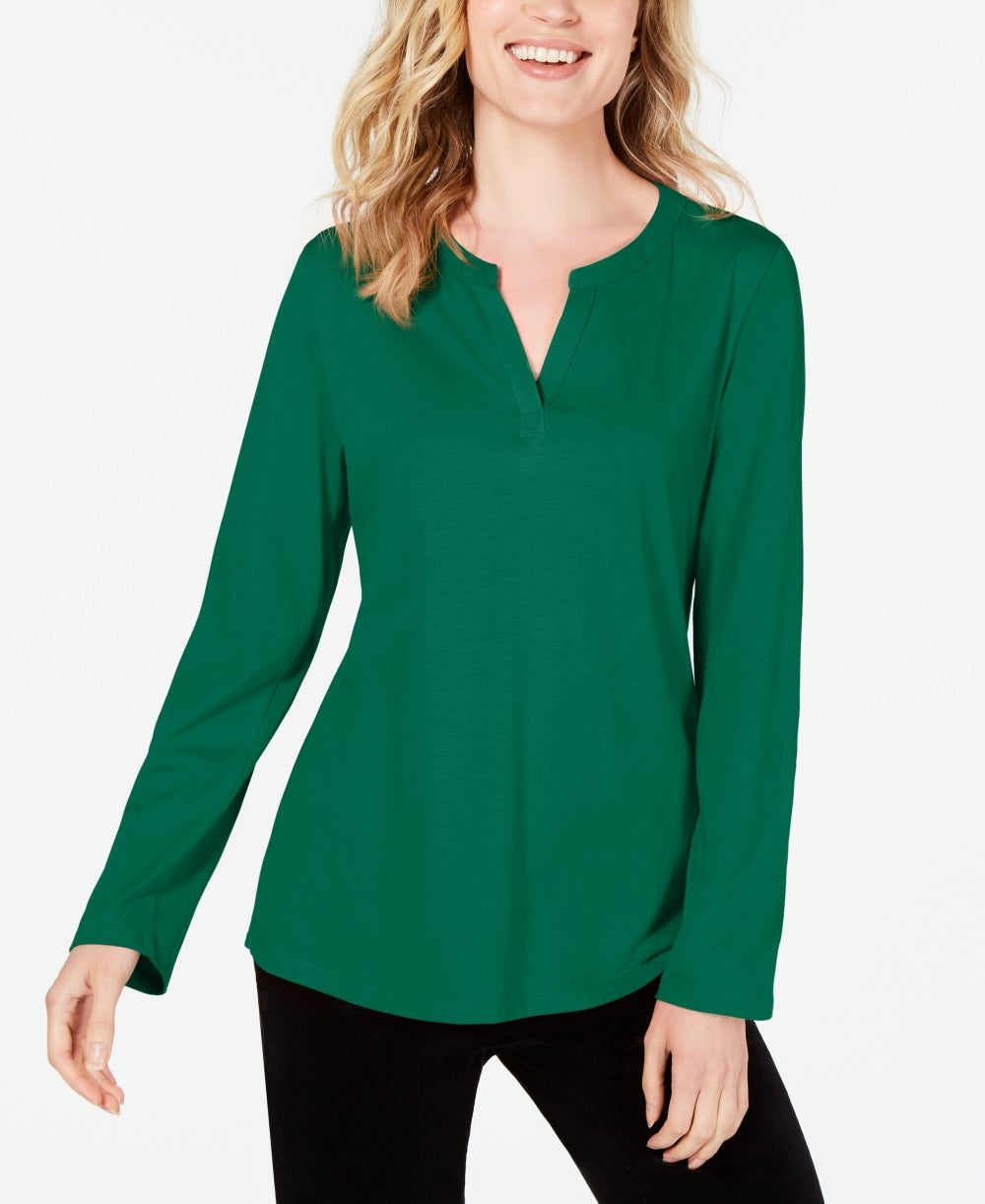 Charter Club Women's Cotton Split Neck Utility Top Green Size X-Small