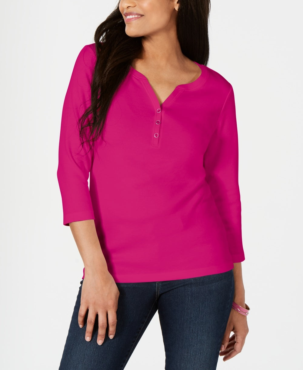 Karen Scott Women's Petite Cotton Henley Shirt Pink Size Small