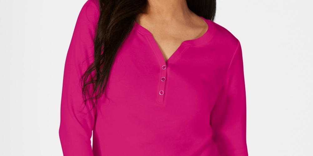 Karen Scott Women's Petite Cotton Henley Shirt Pink Size Small