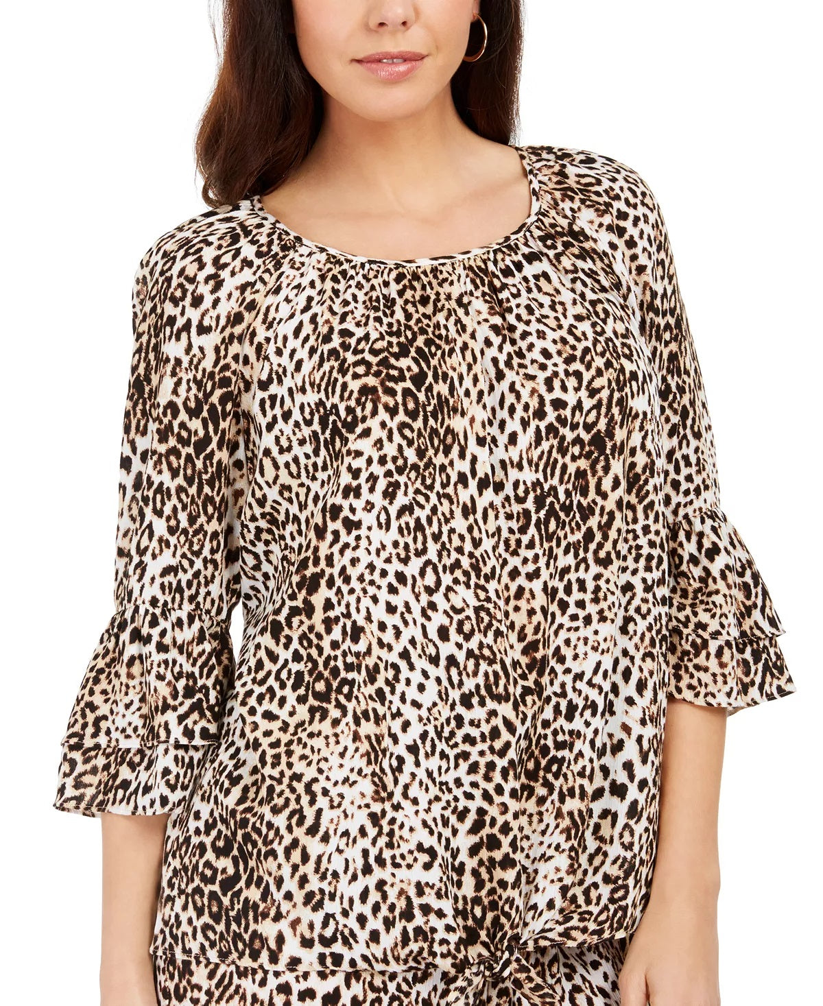 JM Collection Women's Ruffle Sleeve Cheetah Print Crepon Top Beige Size Medium