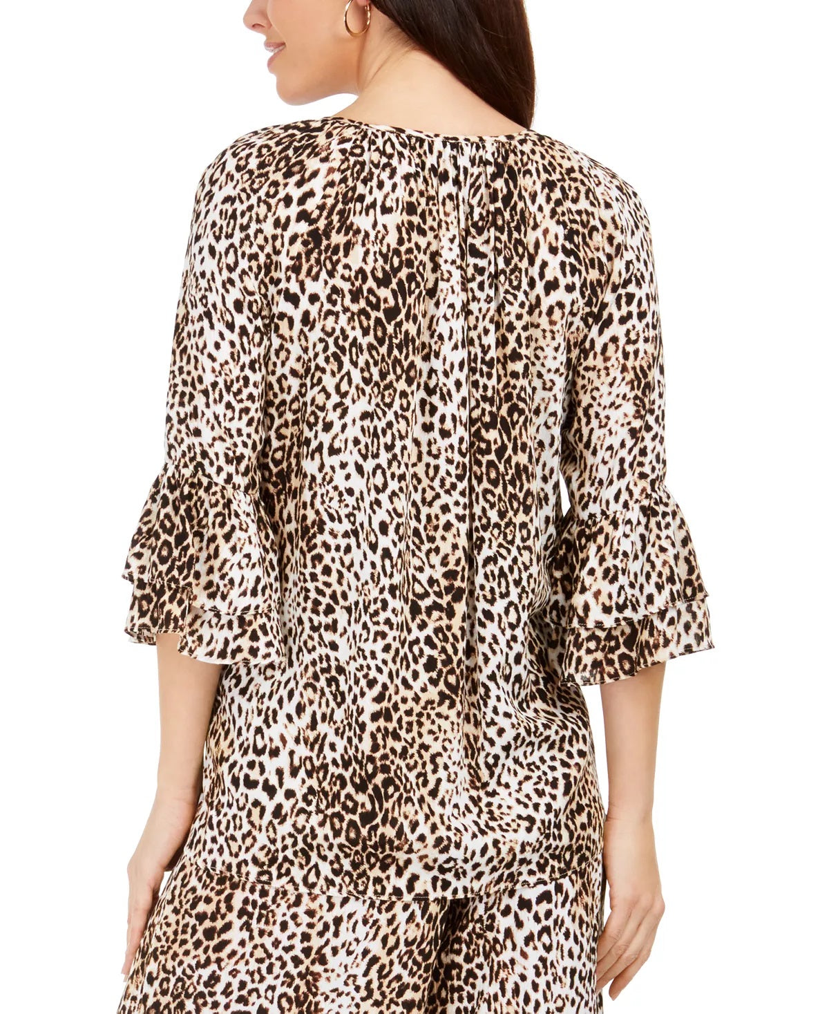 JM Collection Women's Ruffle Sleeve Cheetah Print Crepon Top Beige Size Medium