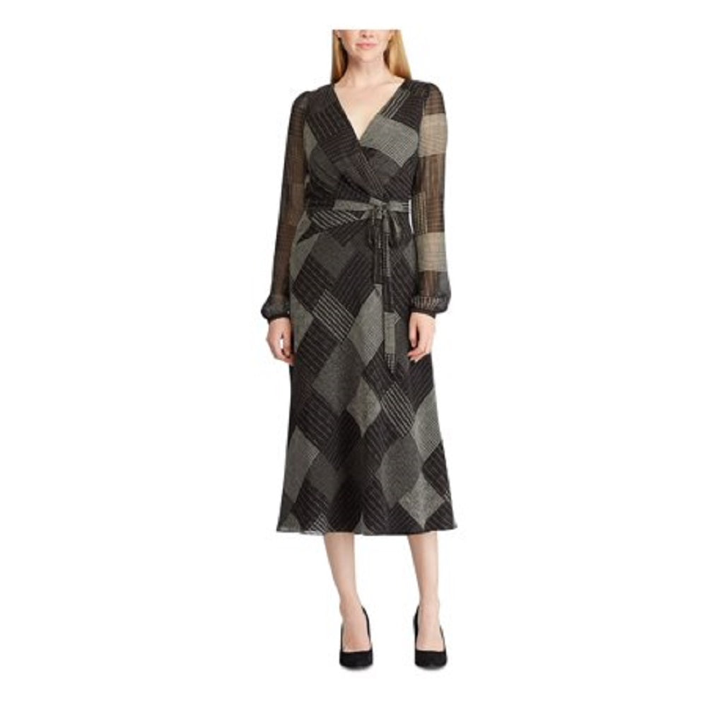 Ralph Lauren Women's Belted Zippered Printed Long Sleeve V Neck Midi Wrap Dress Dress Black Size 0