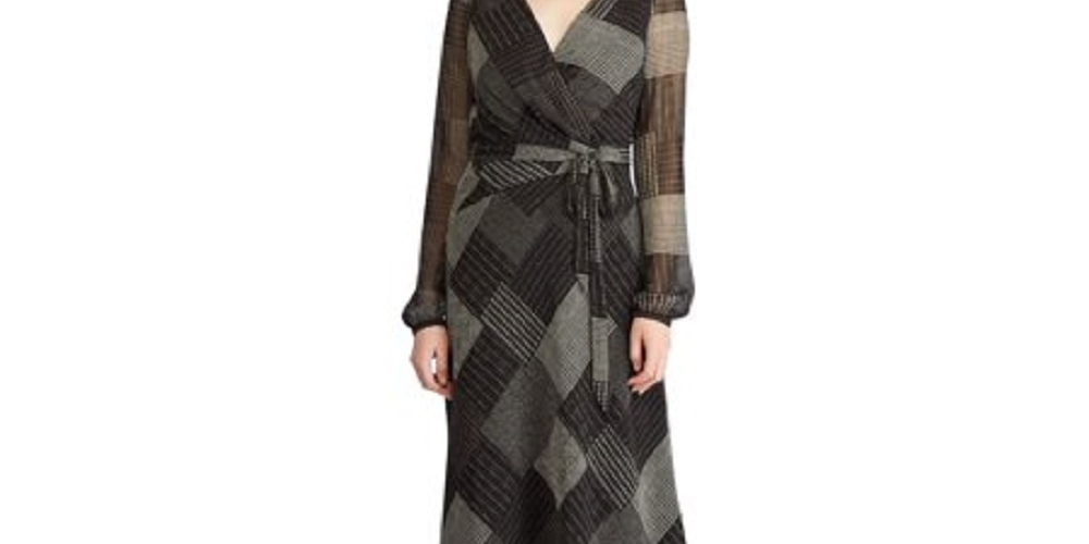 Ralph Lauren Women's Belted Zippered Printed Long Sleeve V Neck Midi Wrap Dress Dress Black Size 0
