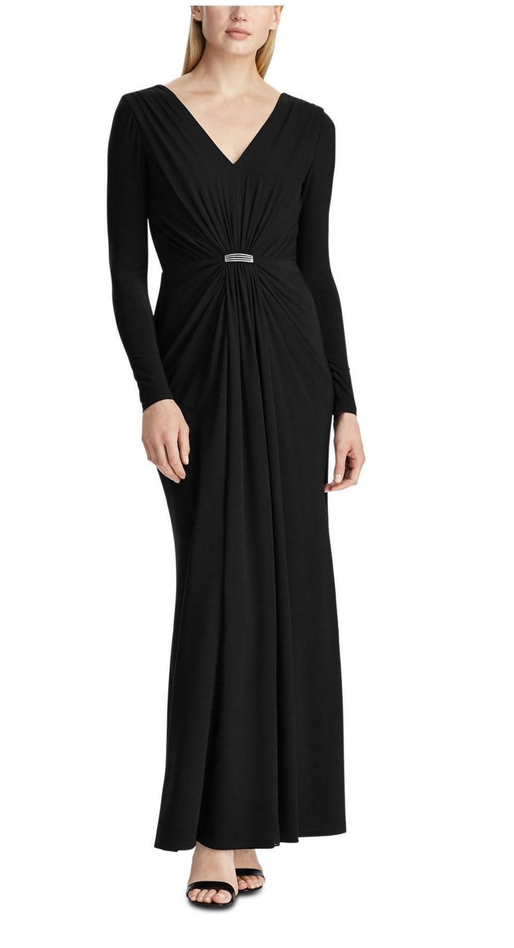 Ralph Lauren Women's Black Rhinestone Long Sleeve V Neck Maxi Evening Fit Flare Dress Black Size 10