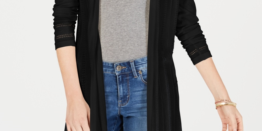 Charter Club Women's Pointelle Duster Cardigan Black Size Petite Small