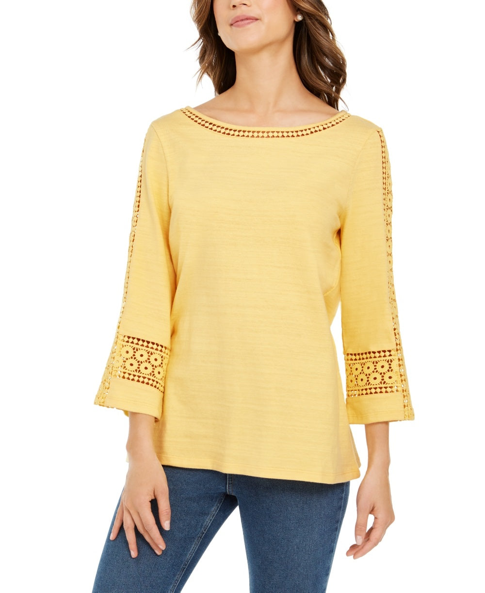 Charter Club Women's Crochet Inset Top Yellow Size Small