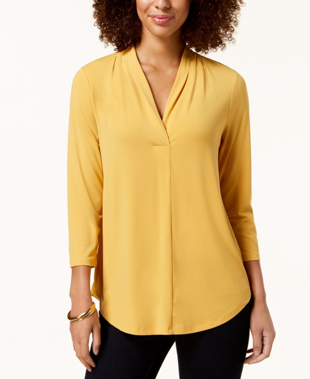 Charter Club Women's Petite Pleat Neck 3/4 Sleeve Top Gold Size Petite Medium