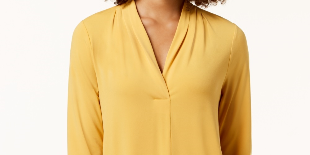 Charter Club Women's Petite Pleat Neck 3/4 Sleeve Top Gold Size Petite Medium