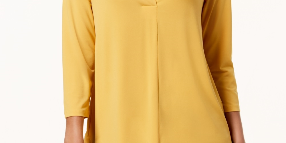 Charter Club Women's Petite Pleat Neck 3/4 Sleeve Top Gold Size Petite Medium