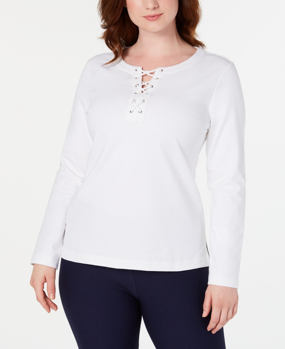 Karen Scott Women's Sport Lace-Up Sweatshirt White Size Large