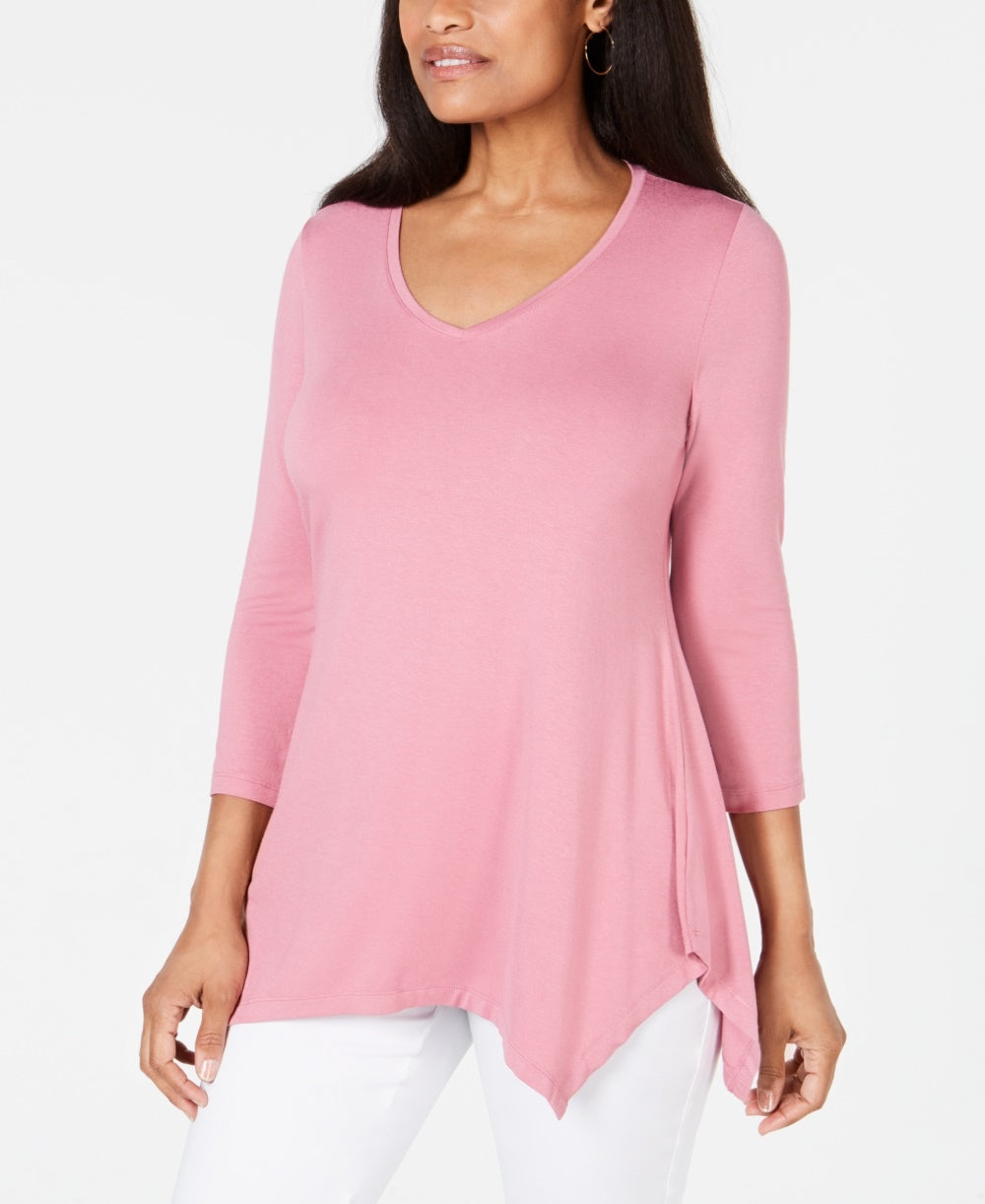 JM Collection Women's V-Neck Handkerchief-Hem Top Pink Size Small
