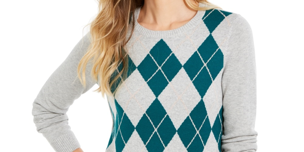 Charter Club Women's Argyle Crewneck Sweater Green Size Small