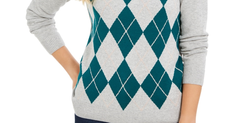 Charter Club Women's Argyle Crewneck Sweater Green Size Small