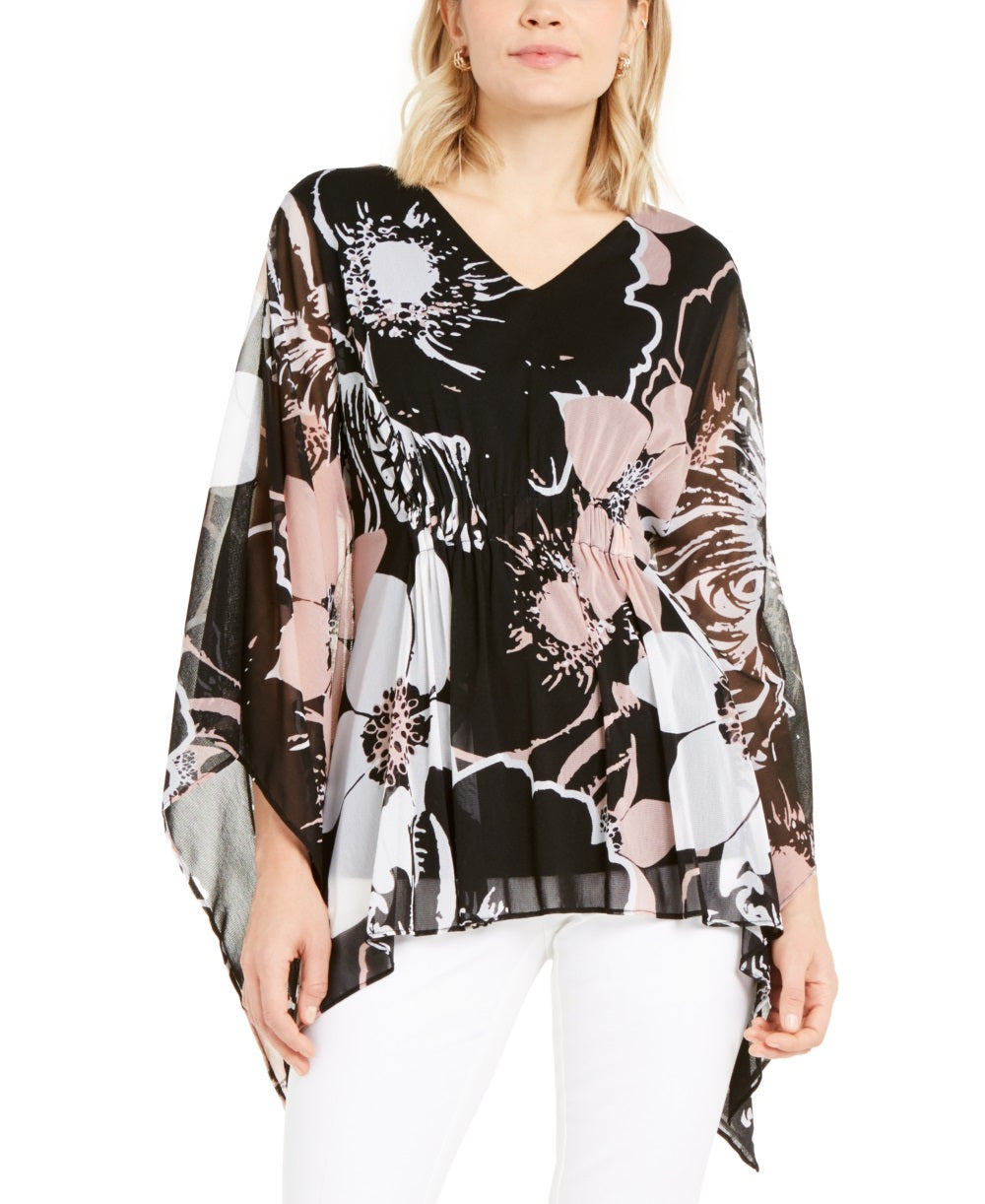 Alfani Women's Floral Print Ruched Top Black Size Petite Medium
