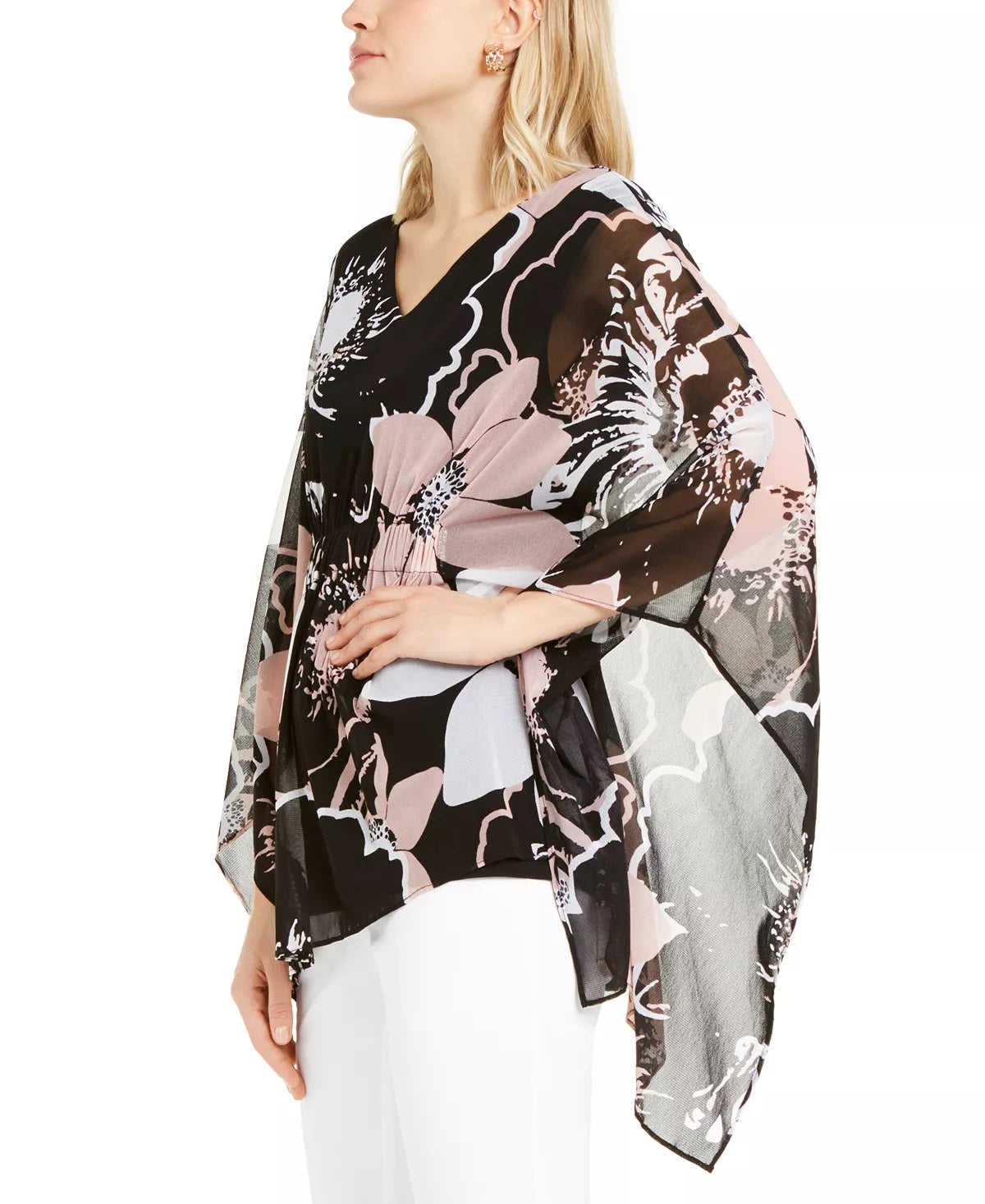 Alfani Women's Floral Print Ruched Top Black Size Petite Medium