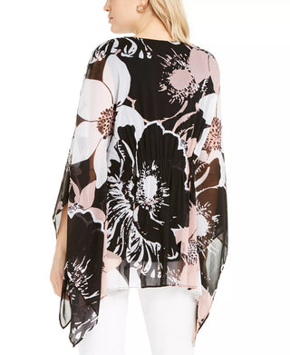 Alfani Women's Floral Print Ruched Top Black Size Petite Medium