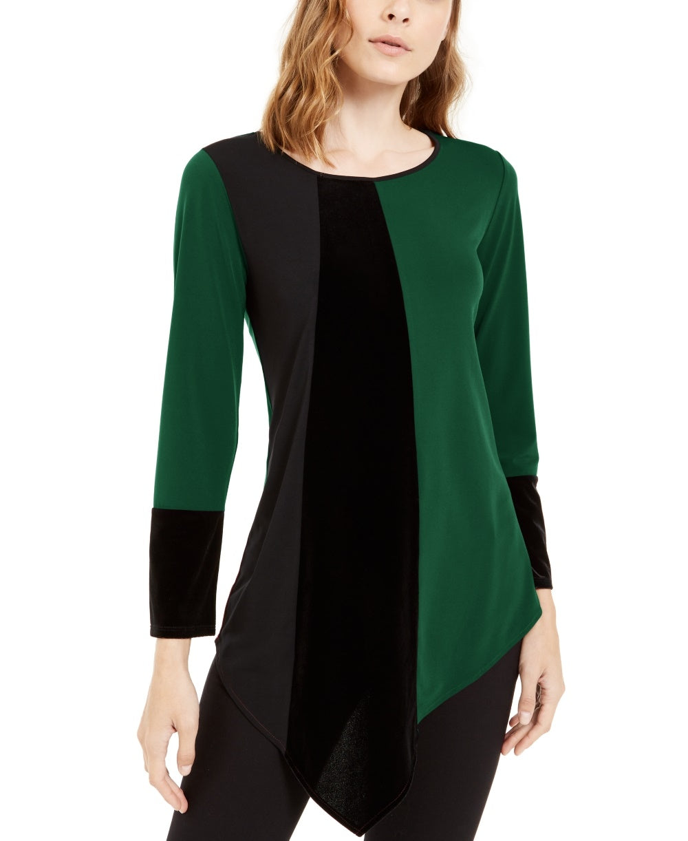 Alfani Women's Petite Asymmetrical-Hem Colorblocked Top Green Size PXL