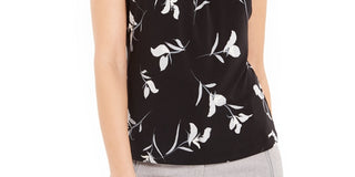 Calvin Klein Women's Floral Pleated-Neck Sleeveless Top Gray Size Small