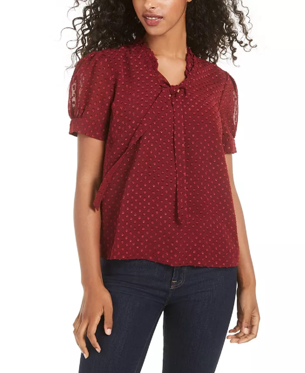 Maison Jules Women's Tie Front Clip Dot Blouse Wine Size X-Small