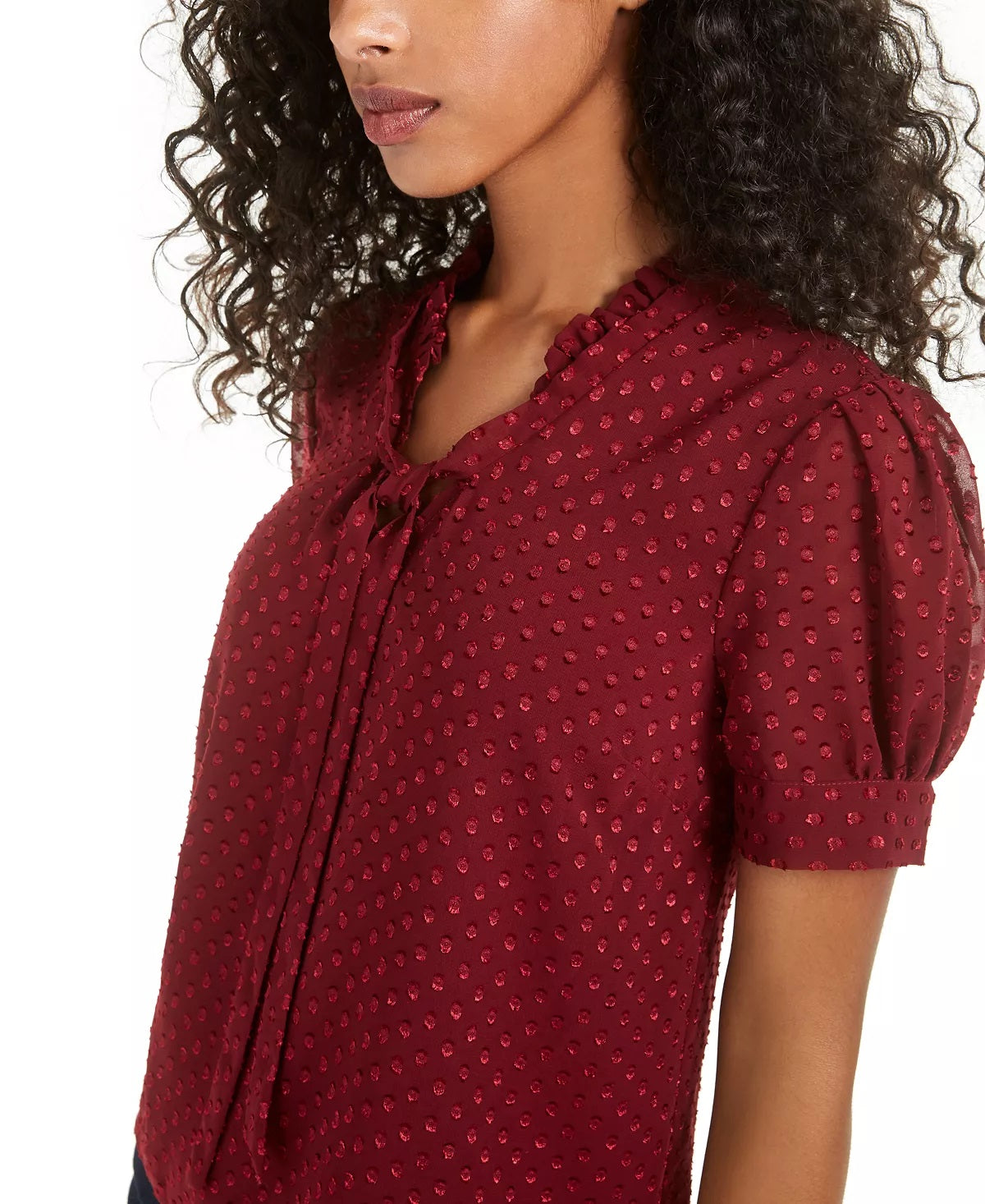 Maison Jules Women's Tie Front Clip Dot Blouse Wine Size X-Small
