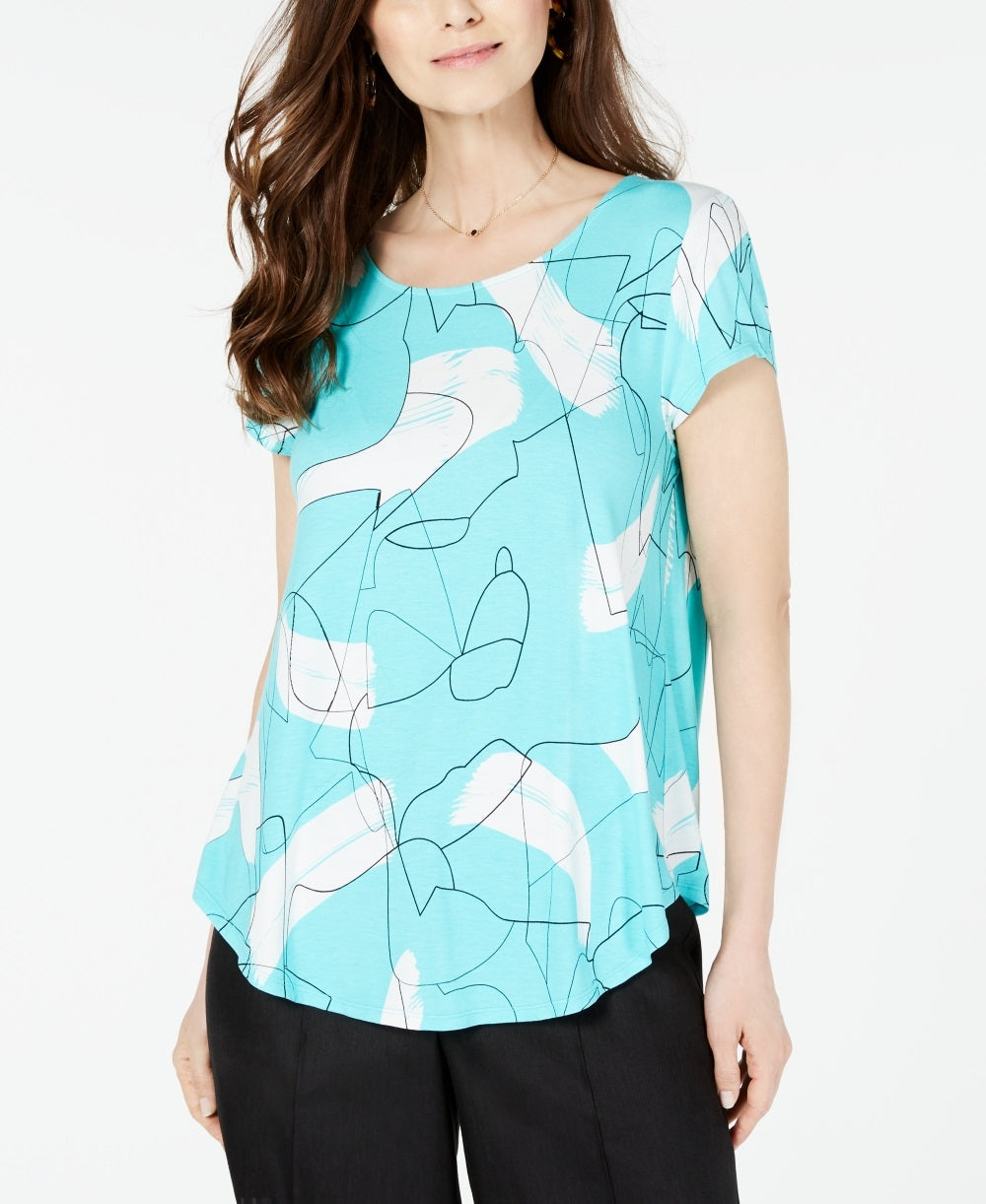 Alfani Women's Printed Round Hem T-Shirt Blue Size -PS