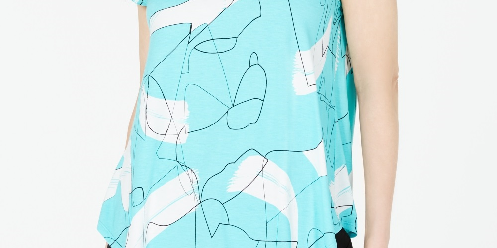 Alfani Women's Printed Round Hem T-Shirt Blue Size -PS