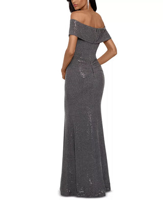 Betsy & Adam Women's Off The Shoulder Metallic Finish Gown Gray Size 10 Petite