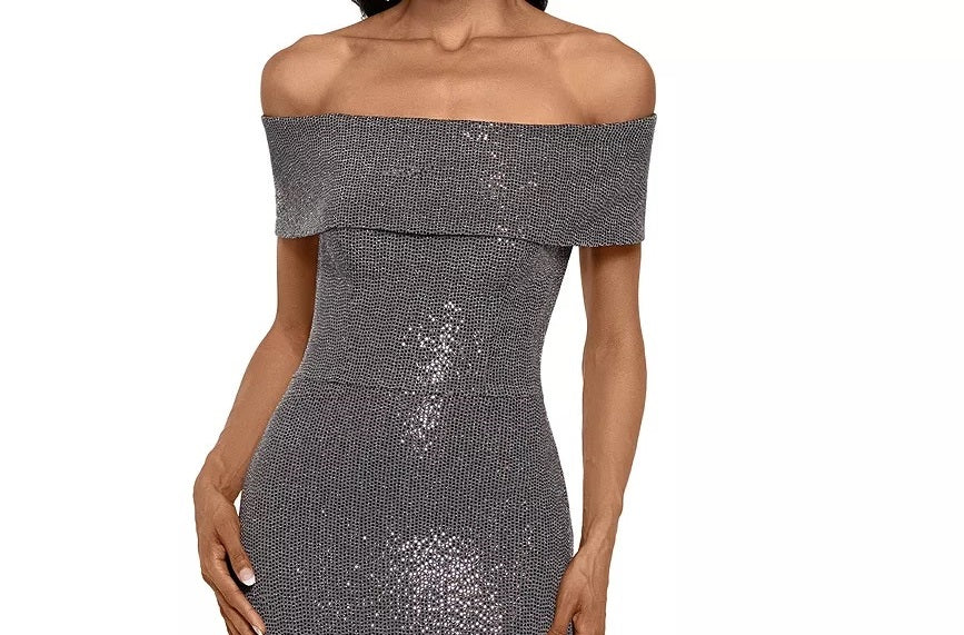 Betsy & Adam Women's Off The Shoulder Metallic Finish Gown Gray Size 10 Petite